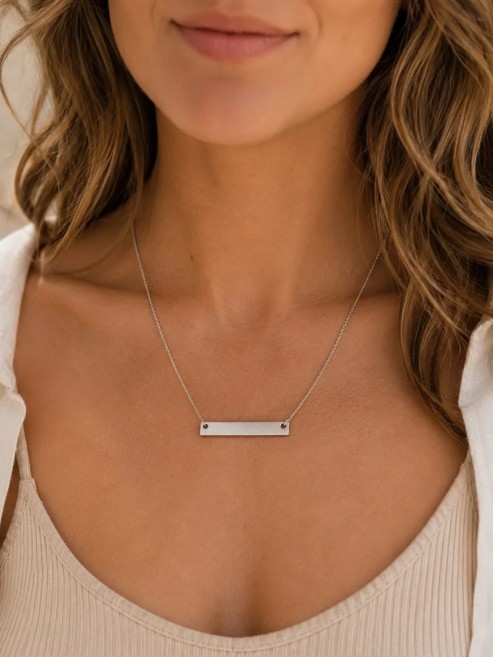 Minimalist Silver Tone Bar Necklace | Layering Necklace Blank Plate Necklace